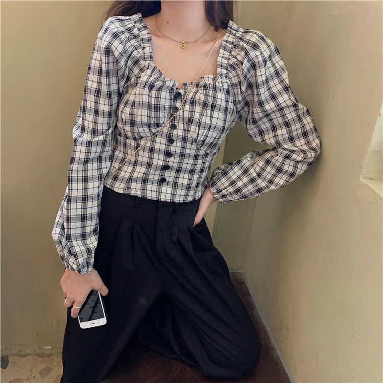 Long Sleeve Square Collar Ruffled Cropped Blouse in Plaid - Y2K Fashion Essential