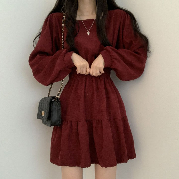 Long Sleeve Square Collar Solid Color Dress - Y2K Aesthetic Fashion Essential