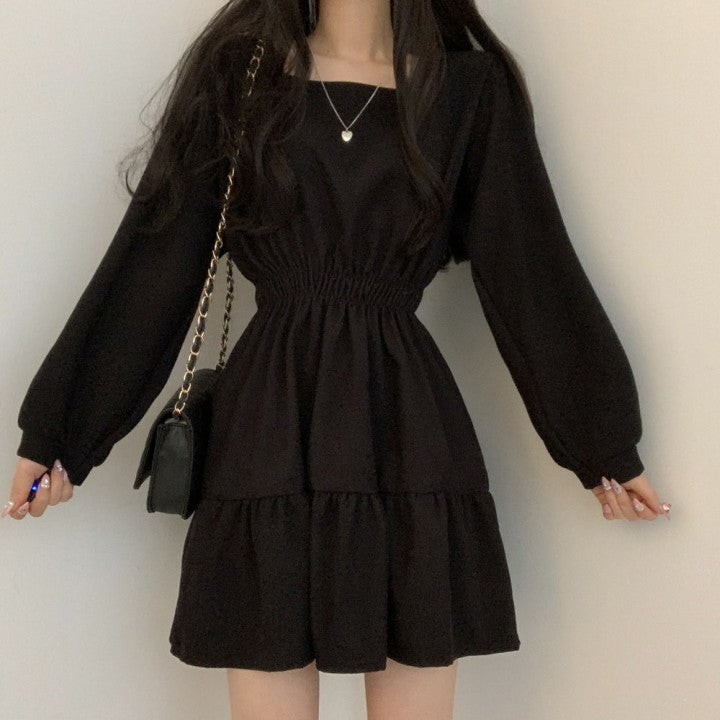 Long Sleeve Square Collar Solid Color Dress - Y2K Aesthetic Fashion Essential