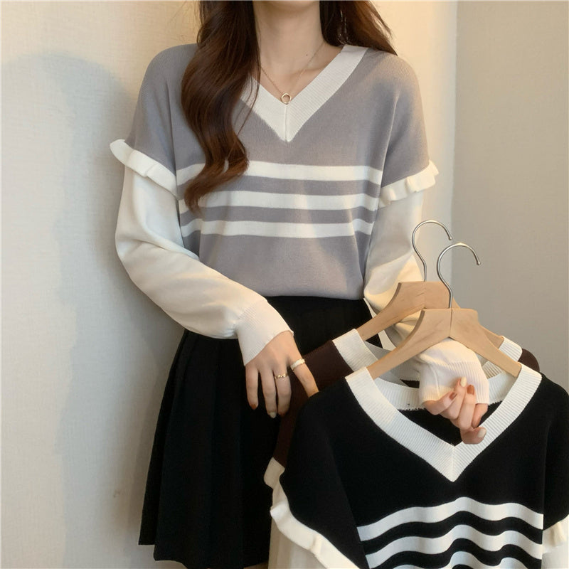 Long Sleeve Striped Sweater with Cute Ruffles - Y2K Aesthetic Fashion Top