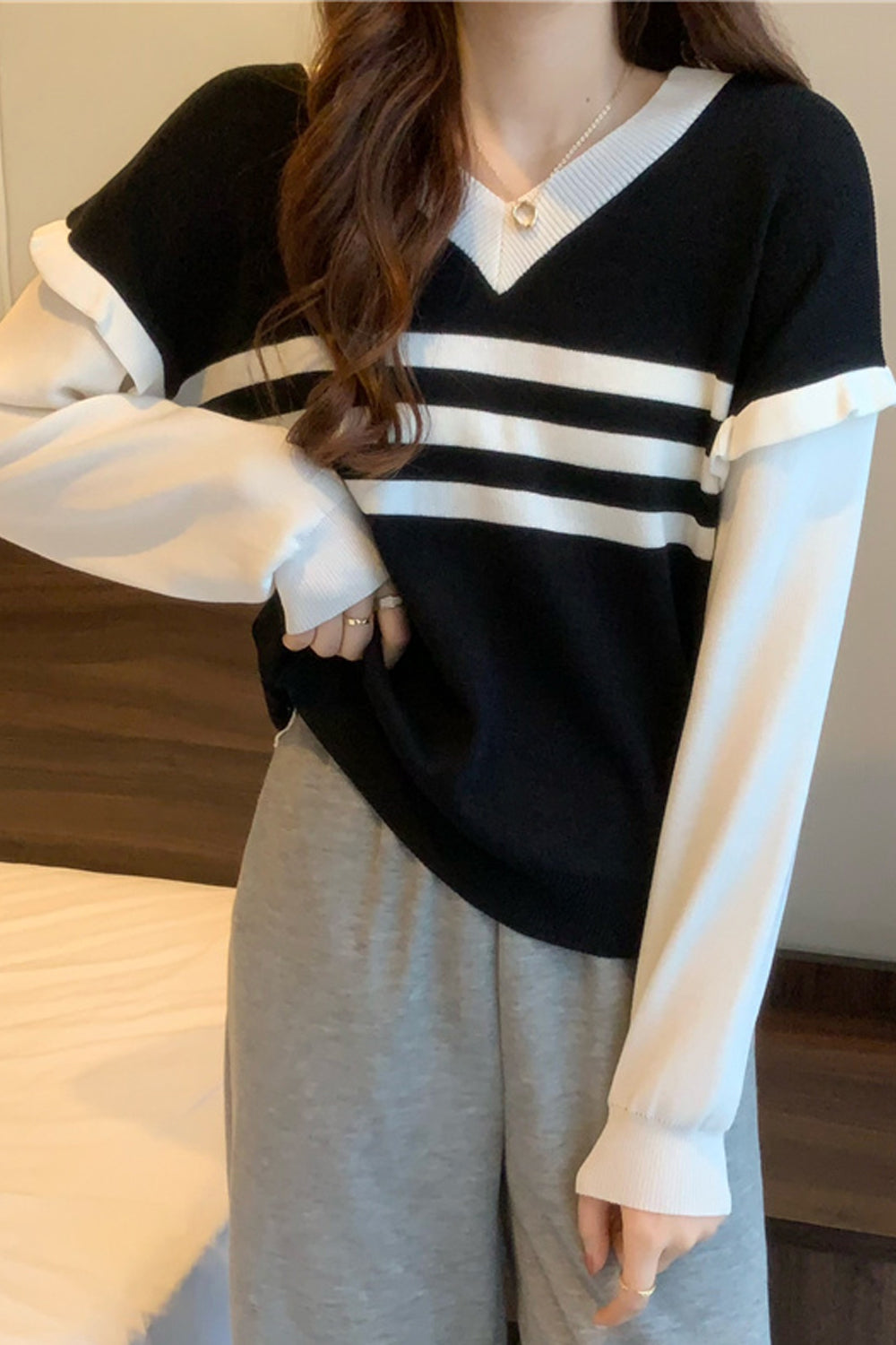 Long Sleeve Striped Sweater with Cute Ruffles - Y2K Aesthetic Fashion Top