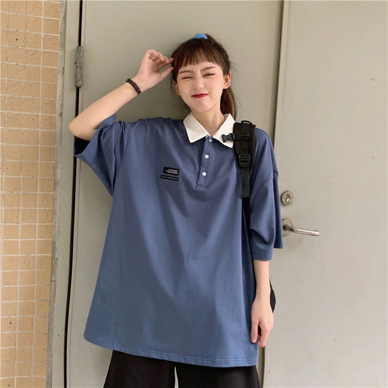 Loose Solid Color Short Sleeve Turn Down Collar Shirt - Y2K Aesthetic Essential Top