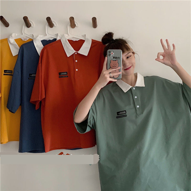 Loose Solid Color Short Sleeve Turn Down Collar Shirt - Y2K Aesthetic Essential Top