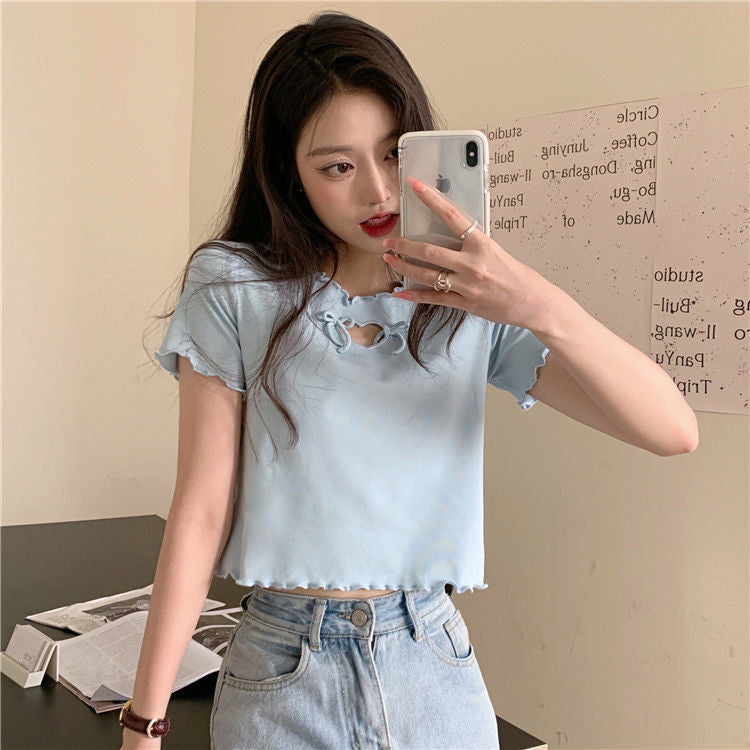 Love Shaped Bow Cropped Slim Top - Y2K Aesthetic Cute Shirt for Trendy Outfits