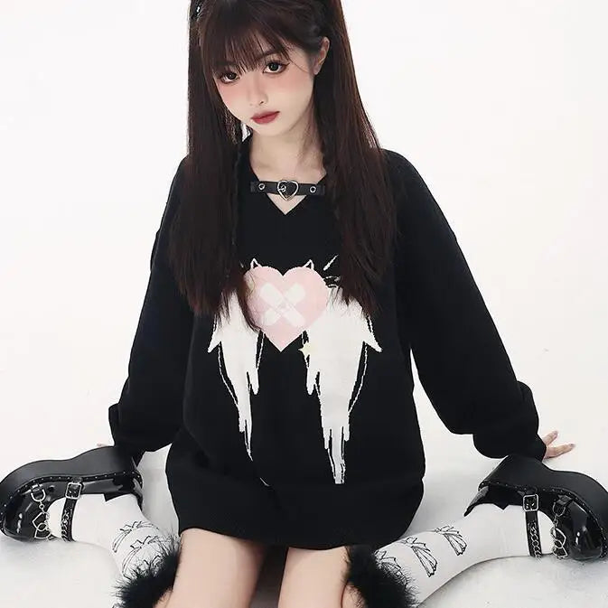 Love Wings V-Neck Sweater - Y2K Aesthetic Cozy Top for Cute and Comfy Outfits