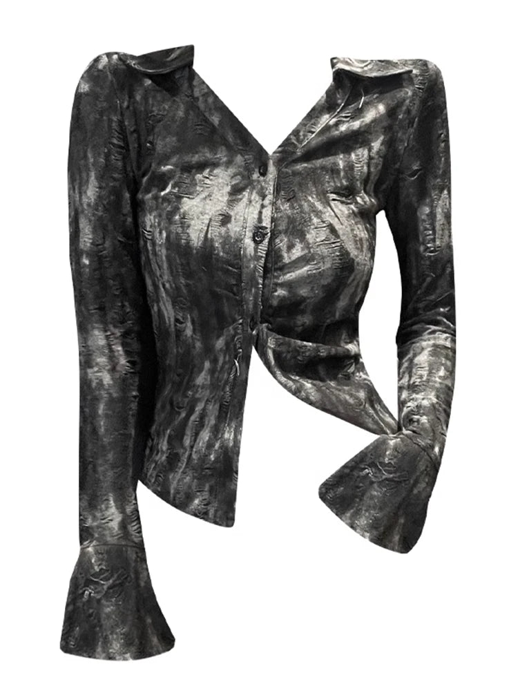 Metallic Asymmetrical Button-Up Blouse for Y2K Fashion and Coquette Aesthetic Styles