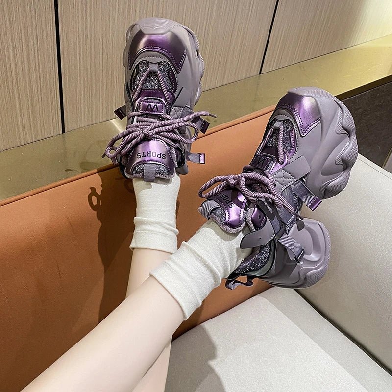 Metallic Violet Y2K Chunky Sneakers for Trendy Aesthetic Outfits and Comfy Style