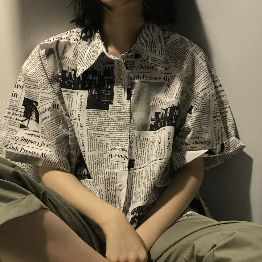 Newspaper Print Y2K Aesthetic Short Sleeve Casual Blouse for Trendy Outfits