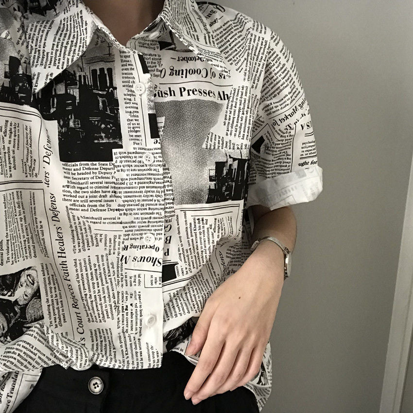 Newspaper Print Y2K Aesthetic Short Sleeve Casual Blouse for Trendy Outfits