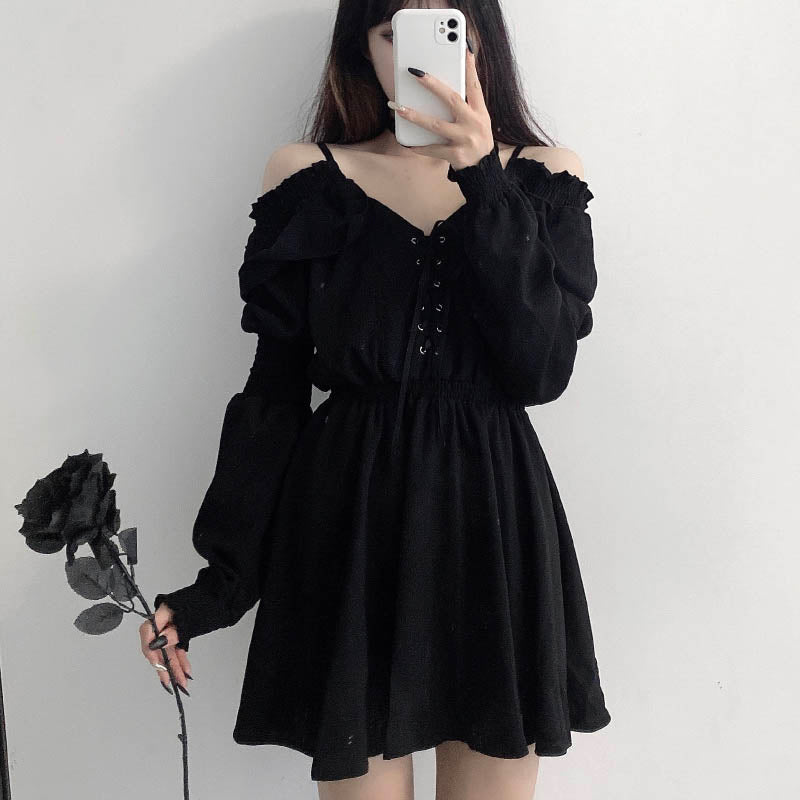 Off-Shoulder Long Sleeve Mini Dress in Dark Aesthetic for Y2K Fashion Lovers