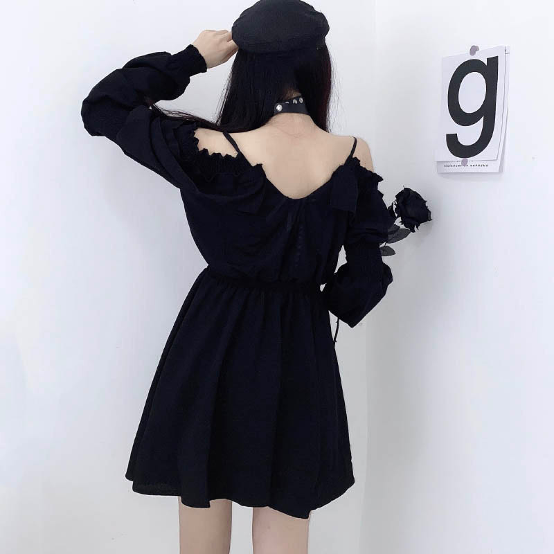 Off-Shoulder Long Sleeve Mini Dress in Dark Aesthetic for Y2K Fashion Lovers