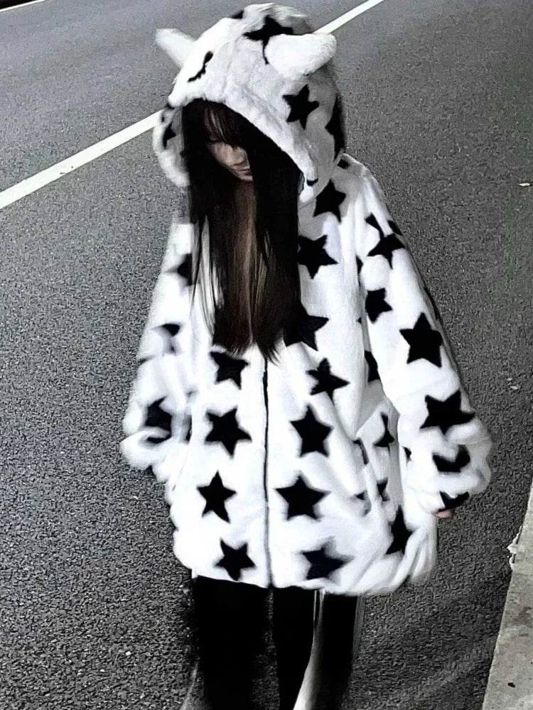 Oversized Fluffy Star Hoodie in Y2K Style - Comfy and Cute for Aesthetic Outfits