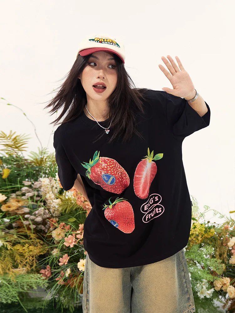 Oversized Strawberry Graphic Tee - Y2K Aesthetic Cute Top for Comfy Casual Outfits