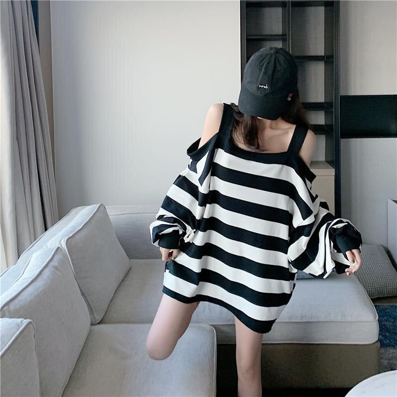 Oversized Striped Open Shoulder Top - Y2K Fashion Meets Coquette Aesthetic Style