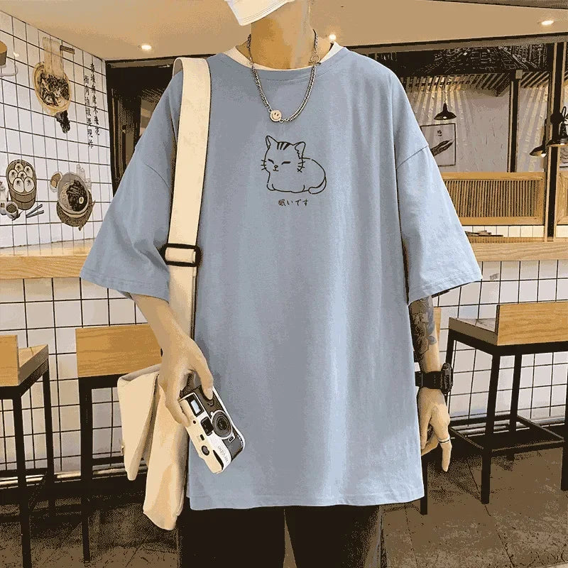 Oversized Y2K Cat Print T-Shirt for Cute Aesthetic Outfits and Comfy Street Style