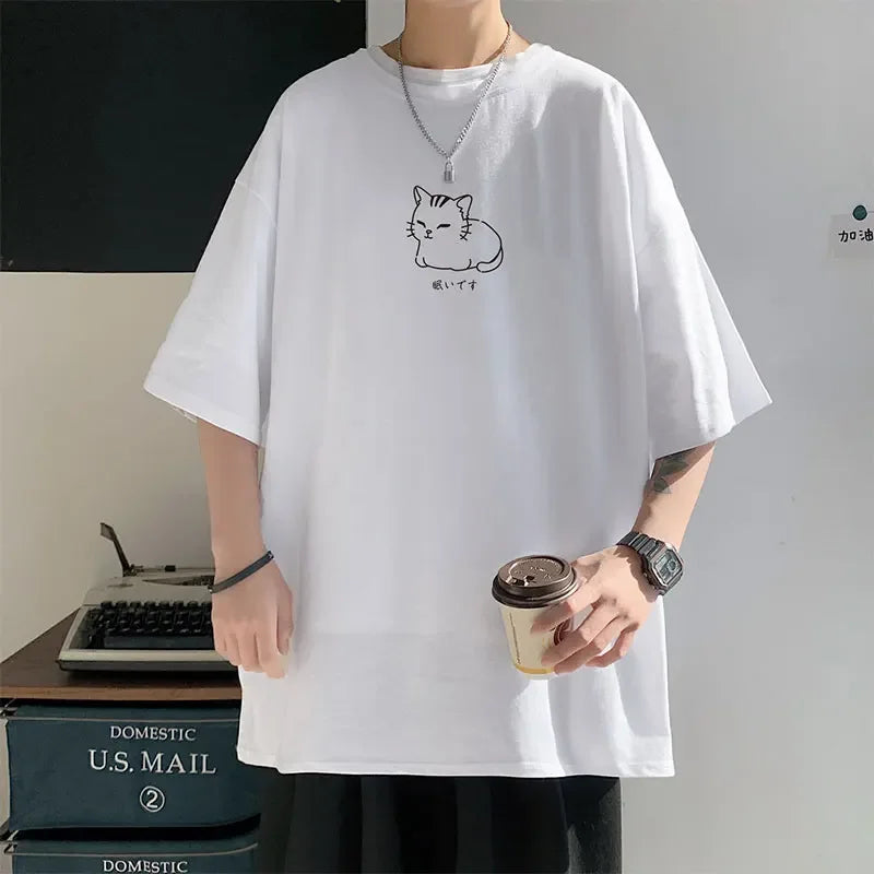 Oversized Y2K Cat Print T-Shirt for Cute Aesthetic Outfits and Comfy Street Style