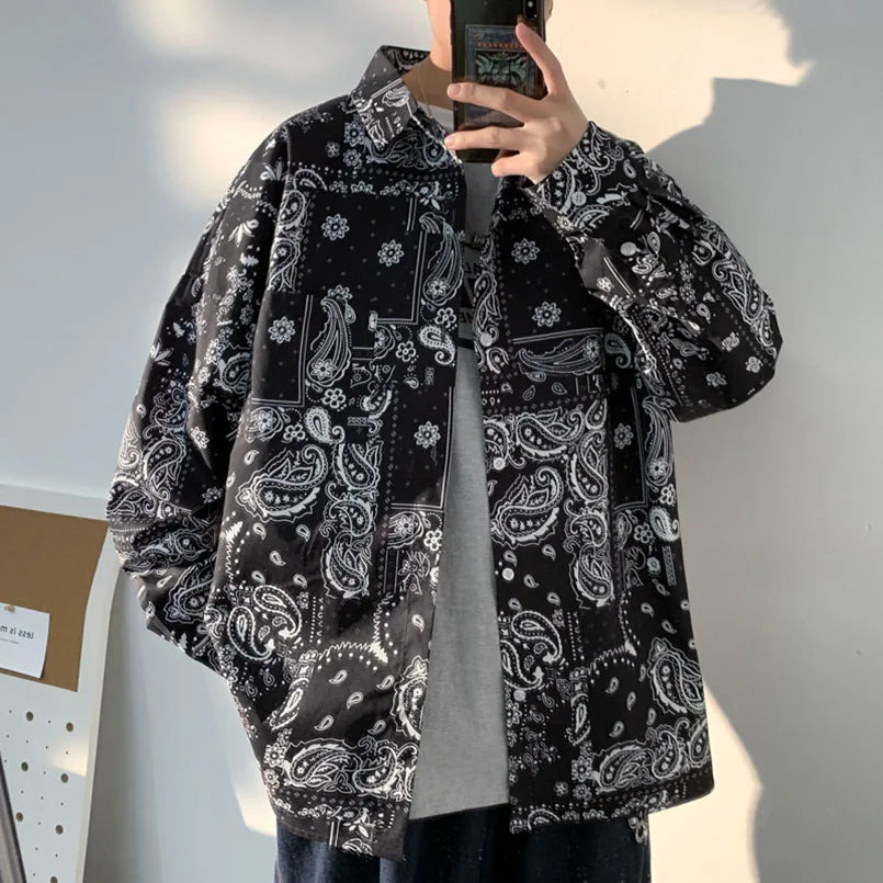 Oversized Y2K Paisley Pattern Shirt - Trendy Grunge Aesthetic Top for Effortless Style