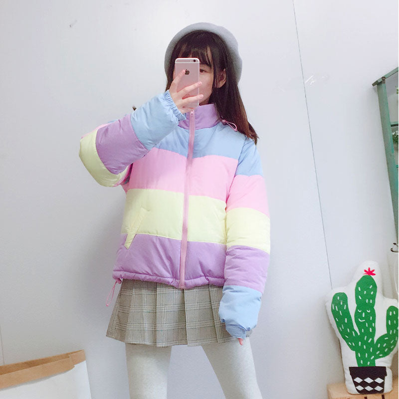 Oversized Y2K Rainbow Parka Coat for Cozy Aesthetic Outfits and Street Style