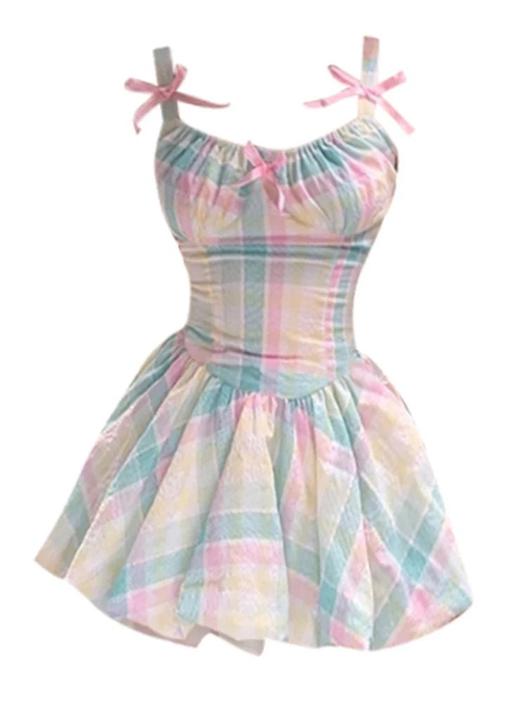 Pastel Plaid Bowknot Dress - Y2K Aesthetic Cute Dress for Coquette Style Outfits