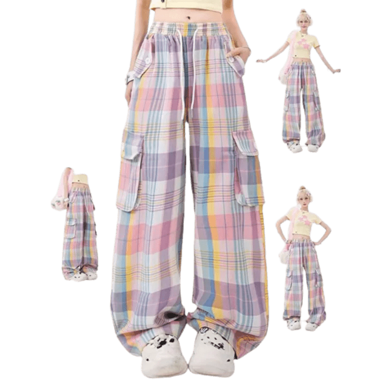 Pastel Plaid Cargo Pants for Y2K Aesthetic and Coquette Style Outfits