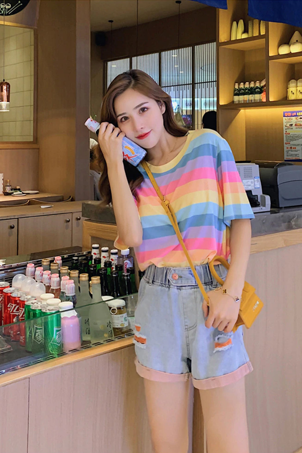 Pastel Rainbow Striped Y2K Top - Cute Short Sleeve Shirt for Aesthetic Outfits