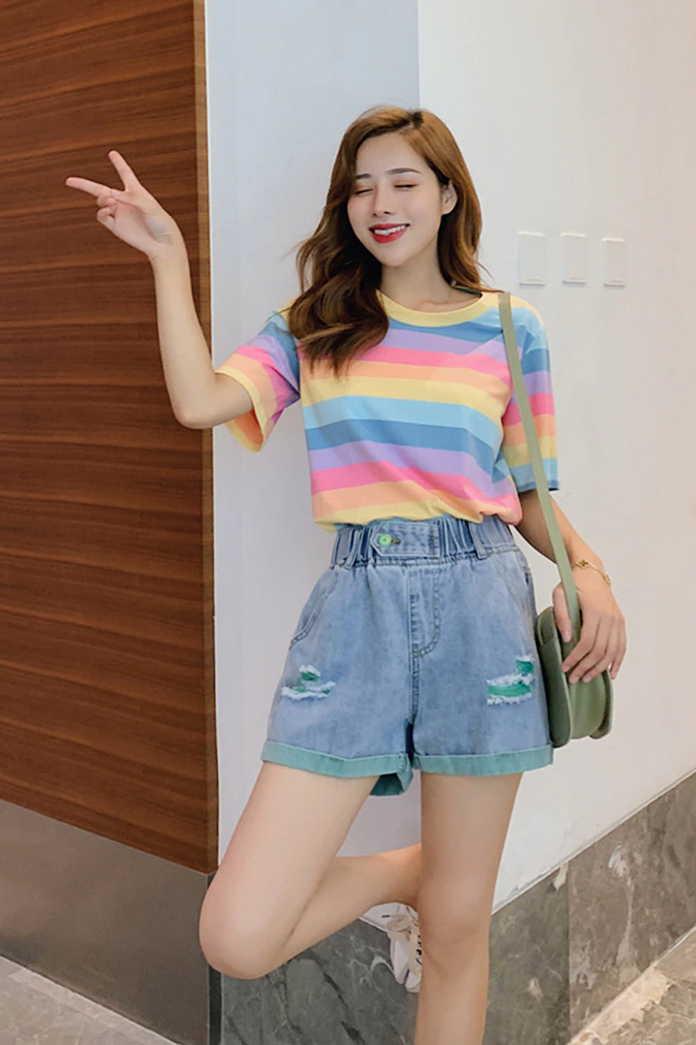 Pastel Rainbow Striped Y2K Top - Cute Short Sleeve Shirt for Aesthetic Outfits