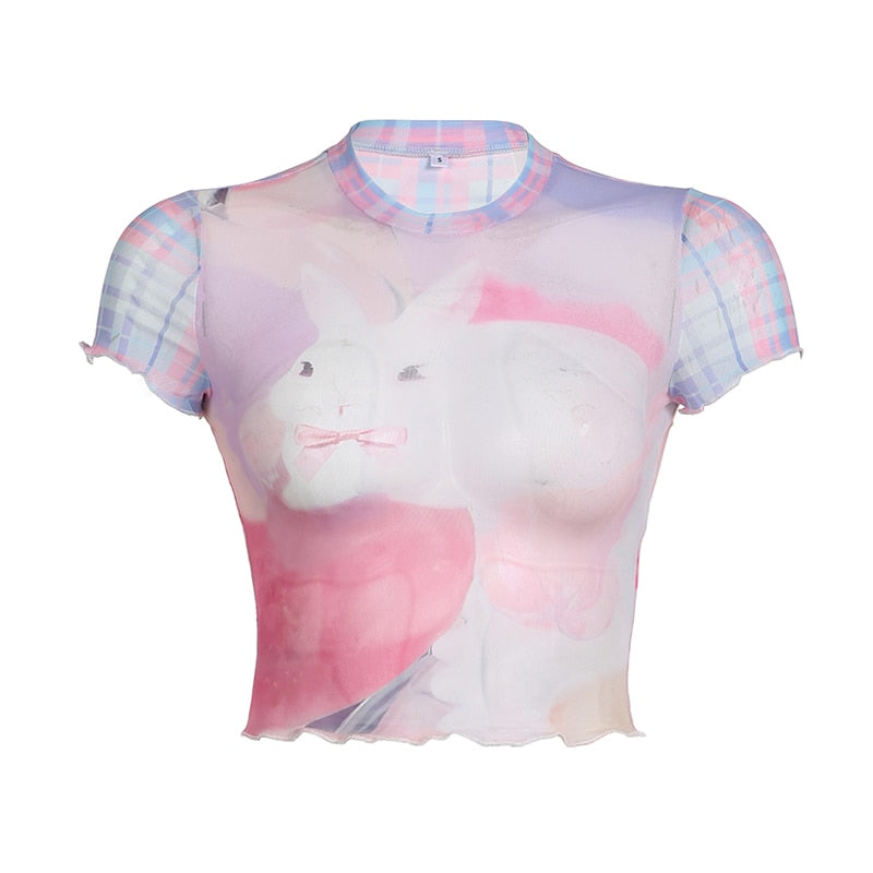 Pastel Y2K Bunny Print Mesh T-shirt in Harajuku Kawaii Aesthetic Style