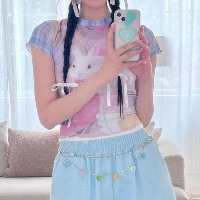 Pastel Y2K Bunny Print Mesh T-shirt in Harajuku Kawaii Aesthetic Style