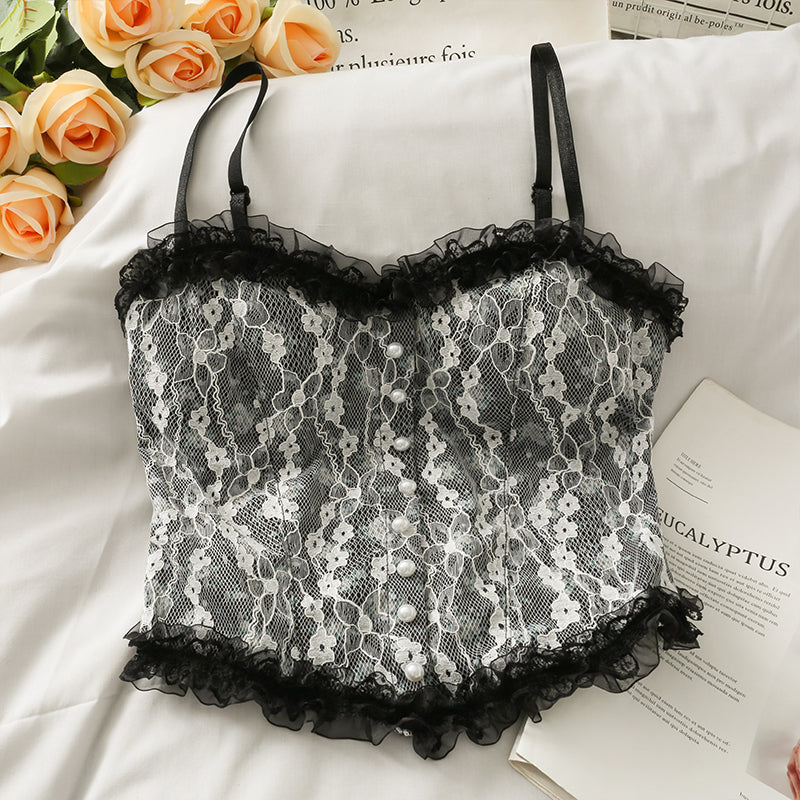 Pearl Beaded Lace Ruffle Crop Top - Y2K Fashion for a Chic Coquette Aesthetic