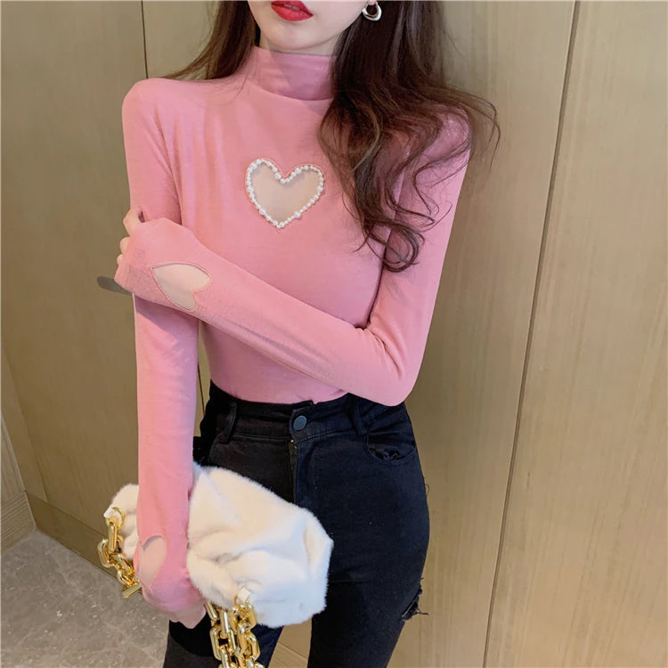 Pearl Heart Shaped Turtleneck Sweater - Y2K Aesthetic Long Sleeve Cute Top for Cozy Style