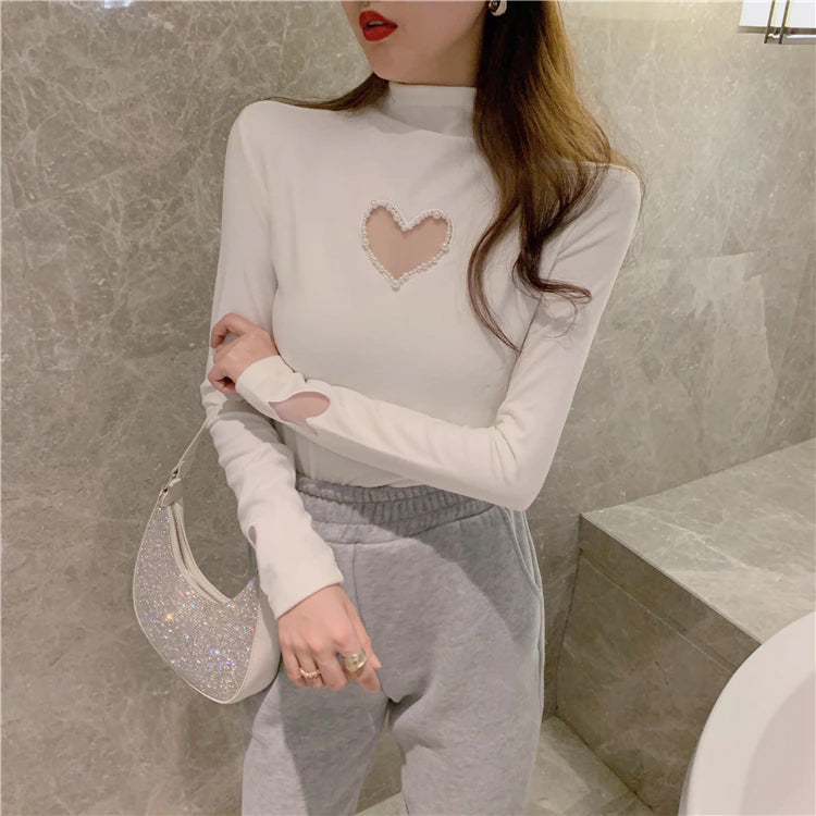 Pearl Heart Shaped Turtleneck Sweater - Y2K Aesthetic Long Sleeve Cute Top for Cozy Style