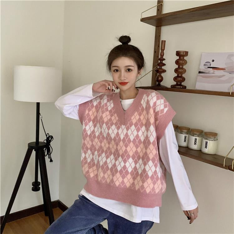 Pink Argyle Pattern V-Neck Knitted Vest Sweater for Y2K Aesthetic and Coquette Style