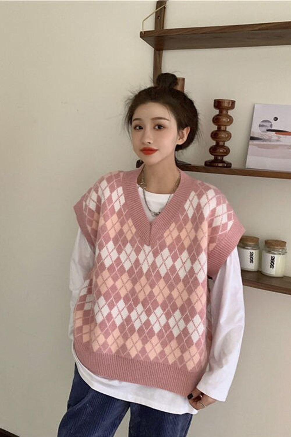 Pink Argyle Pattern V-Neck Knitted Vest Sweater for Y2K Aesthetic and Coquette Style