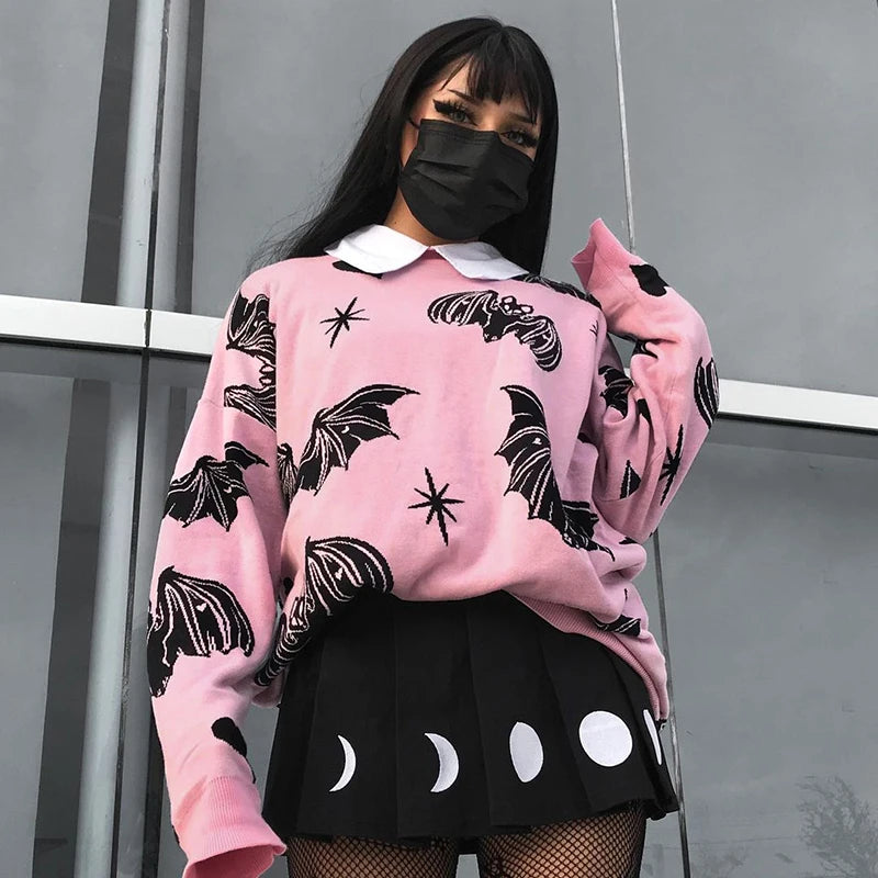 Pink Bat Y2K Grunge Aesthetic Sweater - Cute Gothic Style for Y2K Fashion Lovers