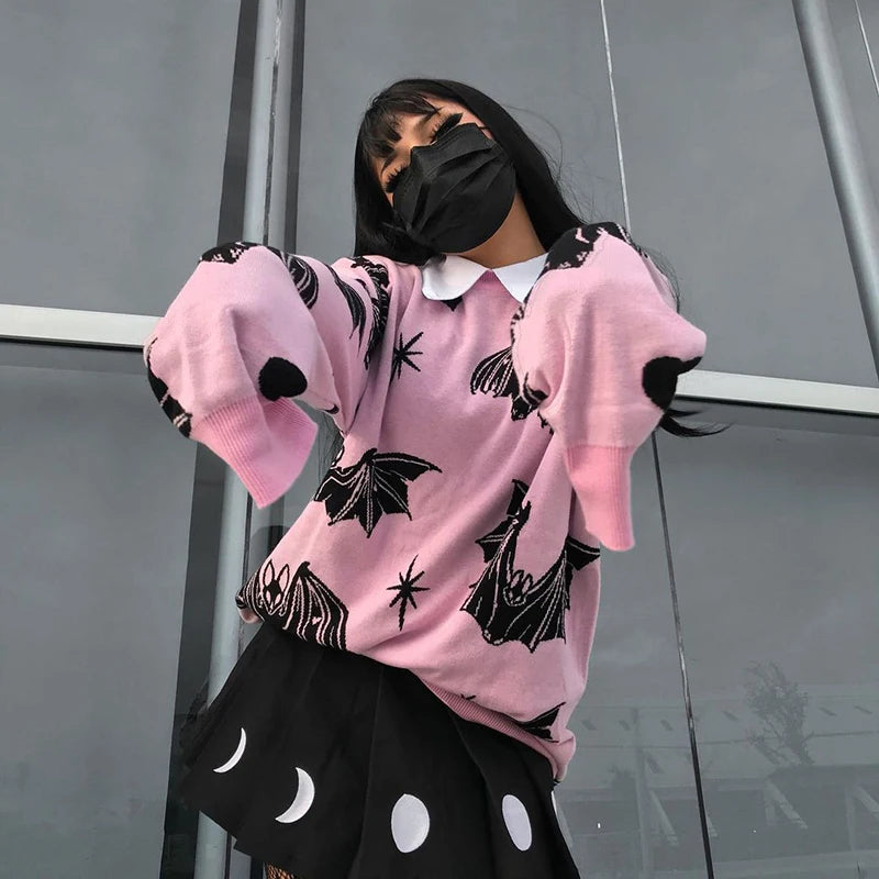 Pink Bat Y2K Grunge Aesthetic Sweater - Cute Gothic Style for Y2K Fashion Lovers