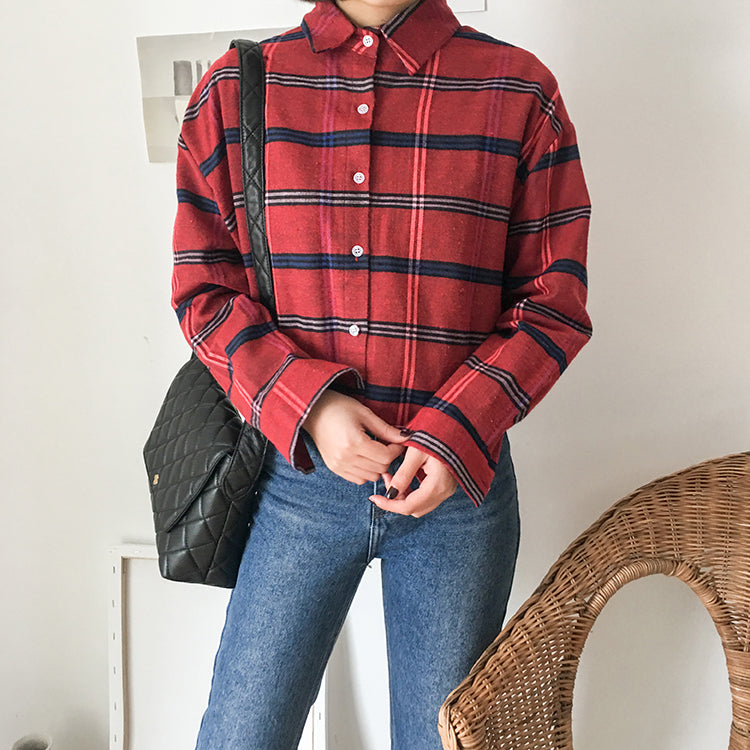 Plaid Color Block Long Sleeve Shirt - Y2K Aesthetic Top for Trendy Outfits