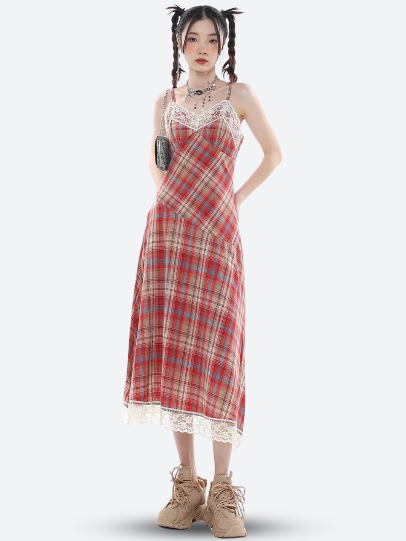 Plaid Lace Midi Dress - Y2K Aesthetic Fashion with Coquette Style and Vintage Charm