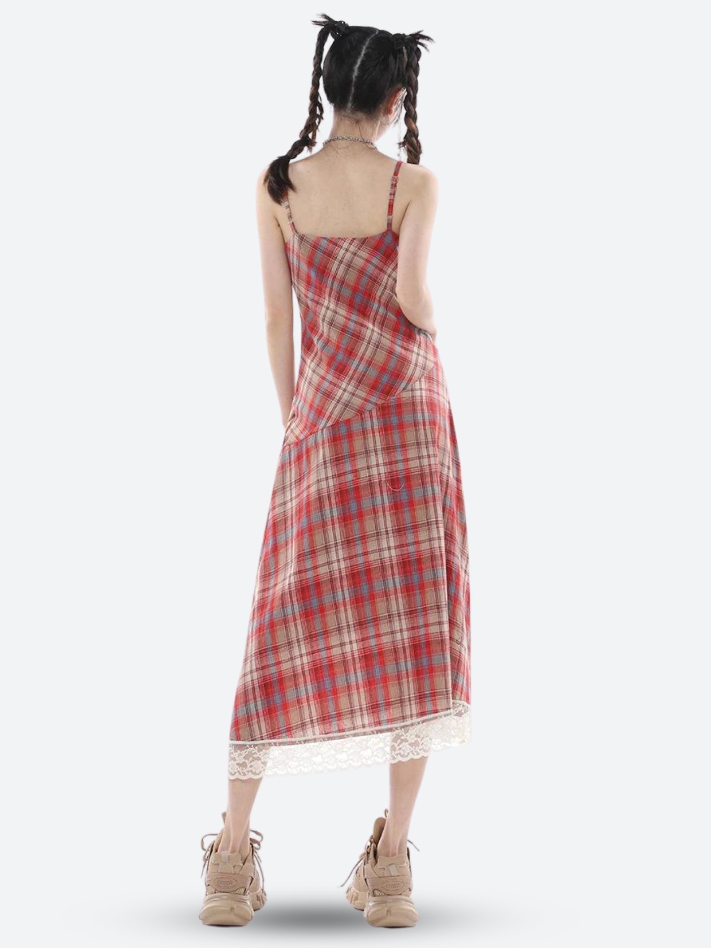 Plaid Lace Midi Dress - Y2K Aesthetic Fashion with Coquette Style and Vintage Charm