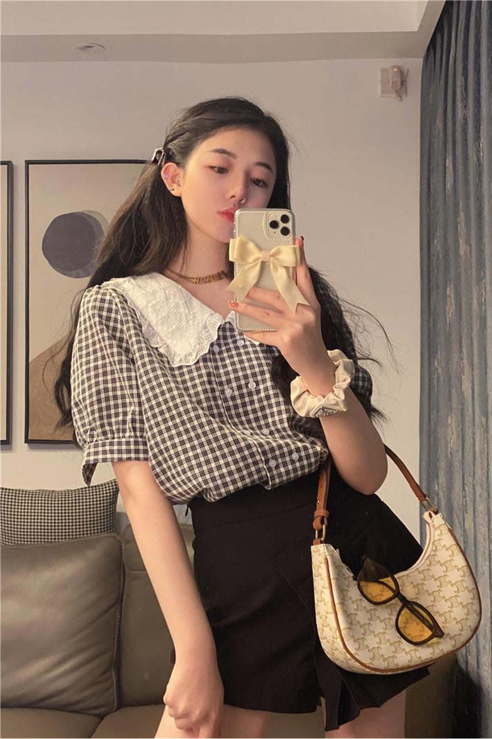 Plaid Pattern Y2K Aesthetic Peter Pan Collar Blouse for Vintage-Inspired Outfits