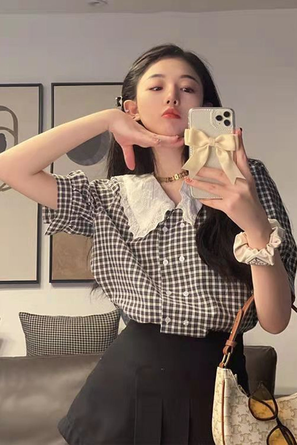 Plaid Pattern Y2K Aesthetic Peter Pan Collar Blouse for Vintage-Inspired Outfits