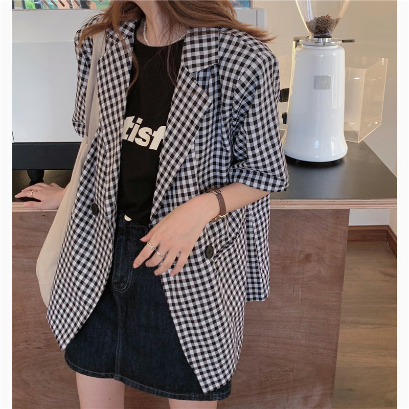 Plaid Style Oversized Short Sleeve Blazer for Y2K Aesthetic Outfits and Coquette Fashion