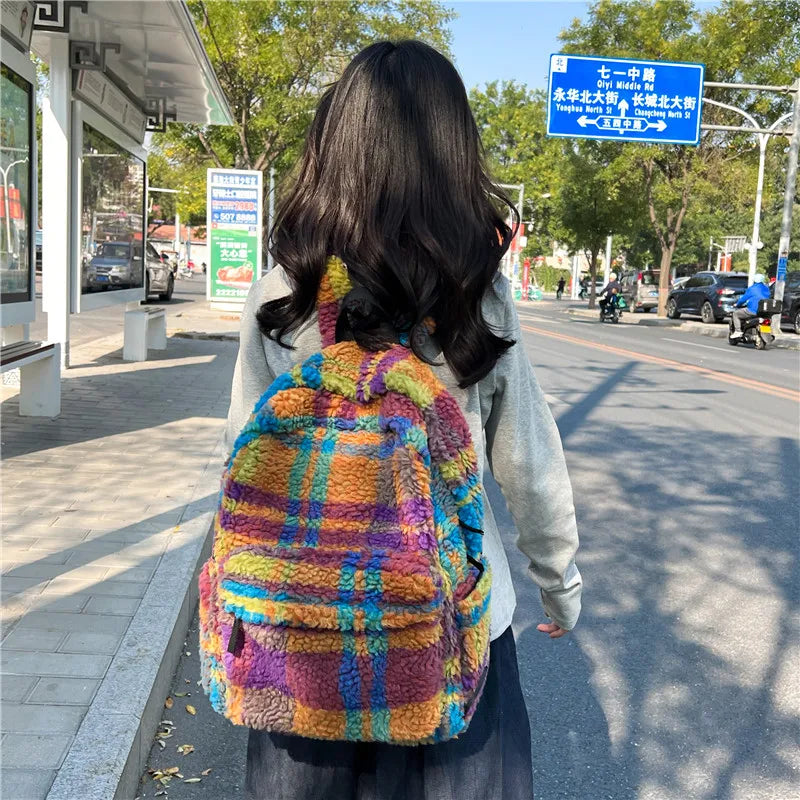 Plaid Wool School Bag - Y2K Aesthetic Backpack for Preppy and Coquette Styles