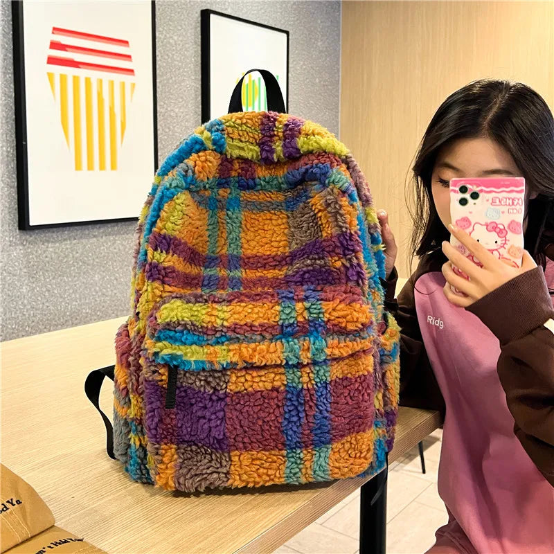 Plaid Wool School Bag - Y2K Aesthetic Backpack for Preppy and Coquette Styles