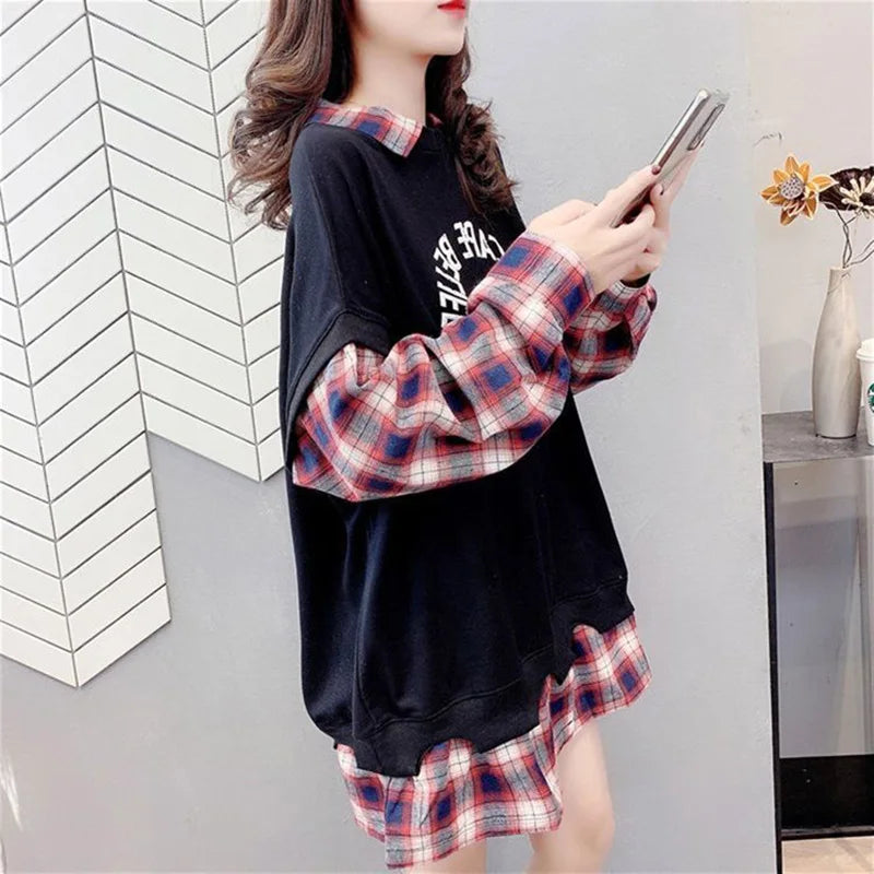 Plaid Y2K Aesthetic Fake Two-Piece Sweatshirt for Cozy and Stylish Outfits