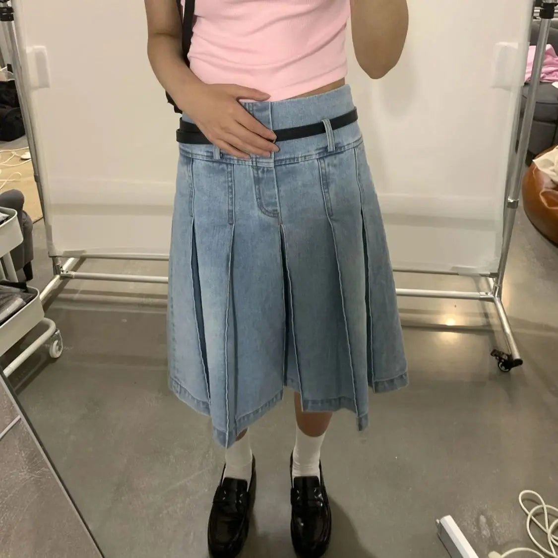 Pleated Blue Denim Midi Skirt - Y2K Aesthetic Fashion for Trendy Outfits