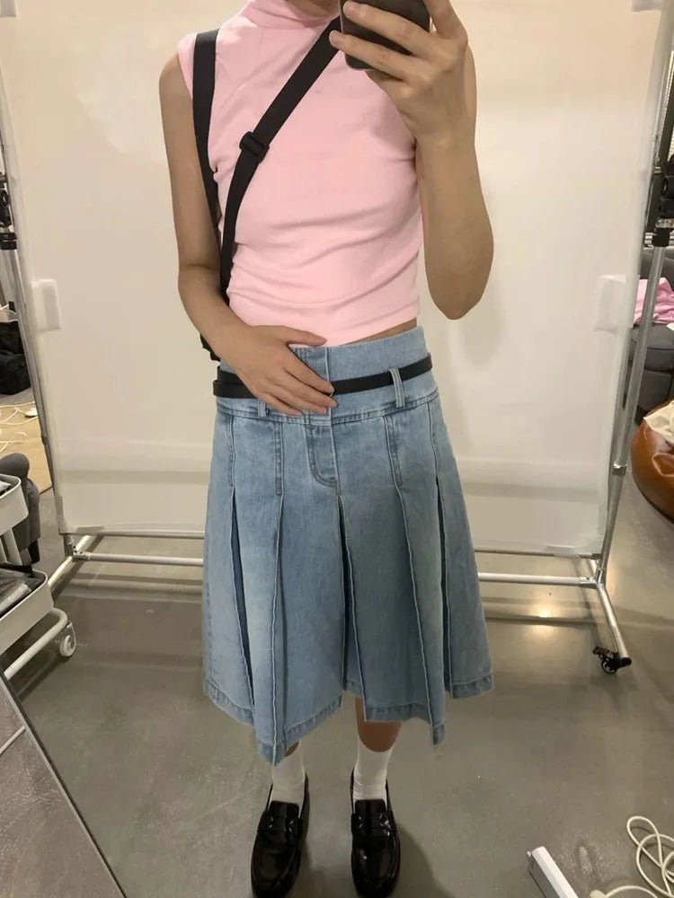 Pleated Blue Denim Midi Skirt - Y2K Aesthetic Fashion for Trendy Outfits