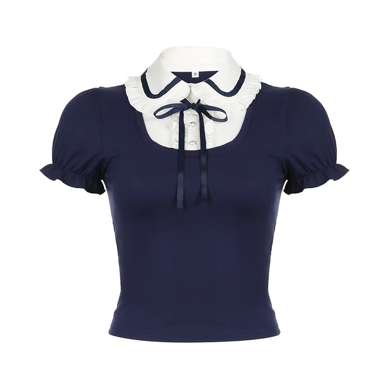 Preppy Bow Collar Top - Y2K Aesthetic Cute Top for Coquette Style Outfits