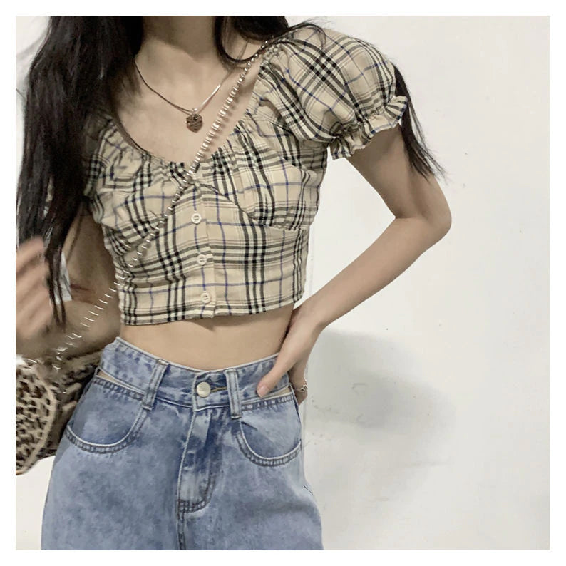 Puff Sleeve Plaid Y2K Crop Top - Cute Coquette Aesthetic for Trendy Outfits