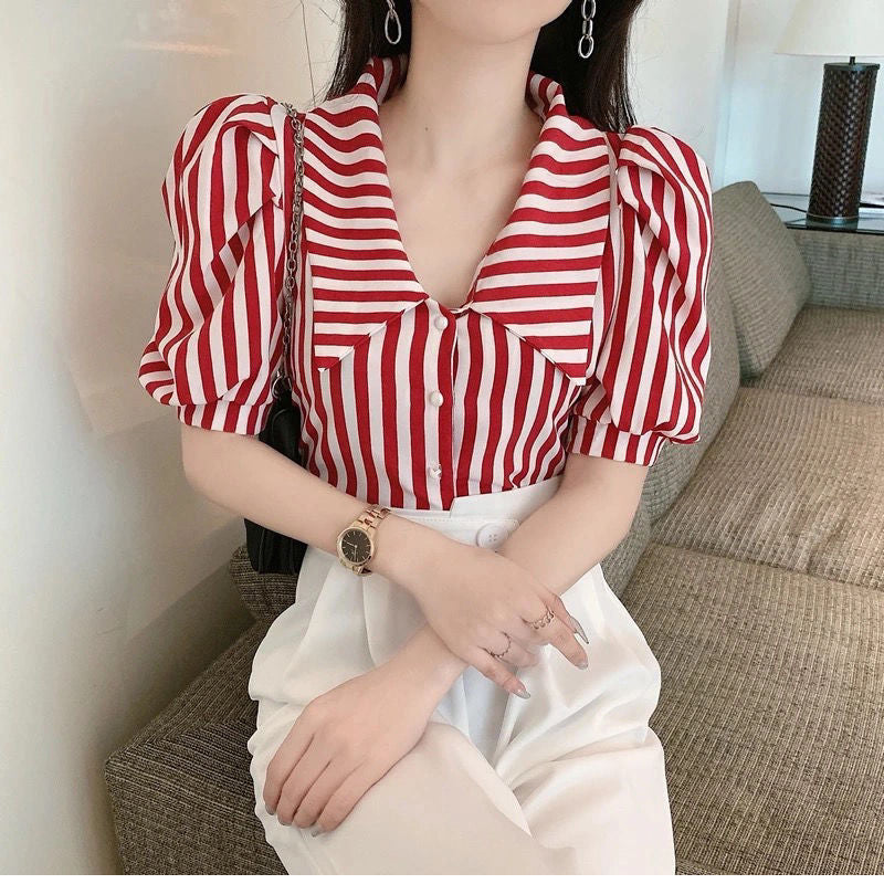 Puff Sleeve Vintage Blouse Shirt in Red Stripes - Y2K Fashion Essential for Aesthetic Outfits