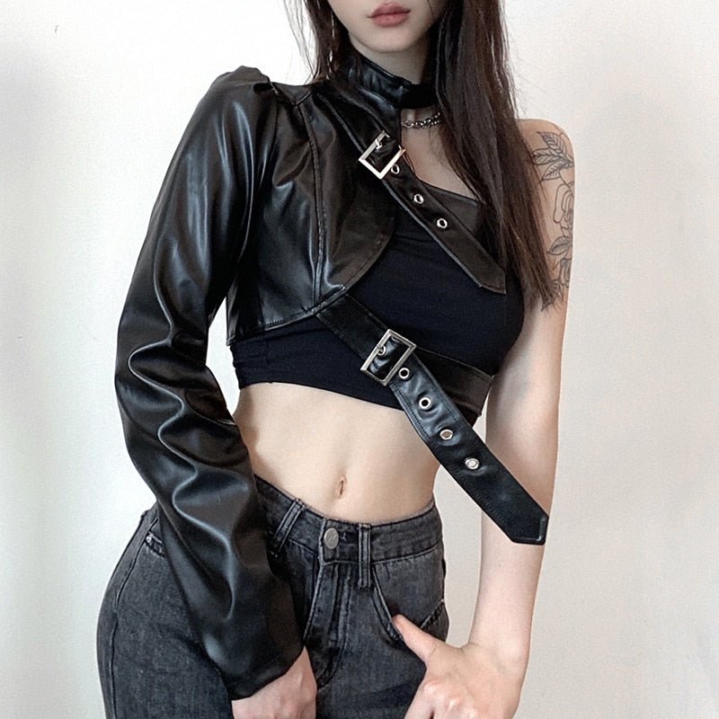 Punk Aesthetic PU Leather One Shoulder Crop Top for Edgy Y2K Fashion Outfits